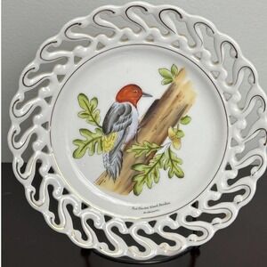 Red Headed Woodpecker Collector Plate Porcelain Gold Trim Signed Wall Napco VTG